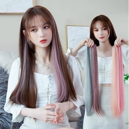 Rambut palsu wig halus hair clip highlight yang panjang jepit extension extention warna warni wanita anak remaja perempuan Hairclip Hair Clip On Extention Ombre Warna Warni Hairpiece