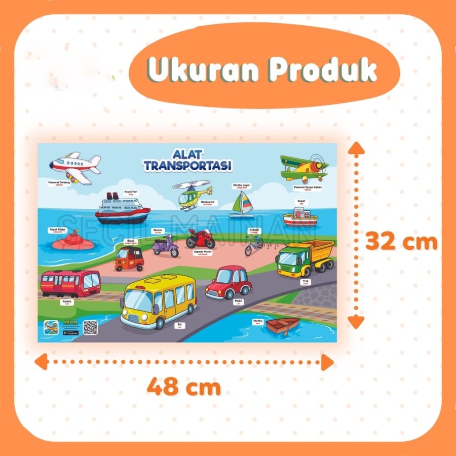 Poster Edukasi Belajar Transportasi anak TK SD PAUD wipe and clean