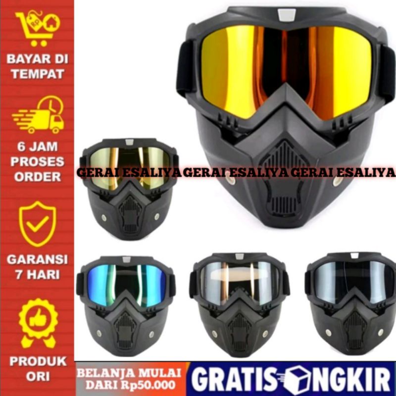 Goggles Kacamata + Masker Full Face Helem Goggle Mask Helm Gun Ski Motor Cross Topeng Kaca Mata Trail Air soft Motocross Bogo Biru Transparant Gold Bening Modular Silver Hitam Putih JPX Pelangi Emas Cargloss VESPA KYT CAKIL - COD