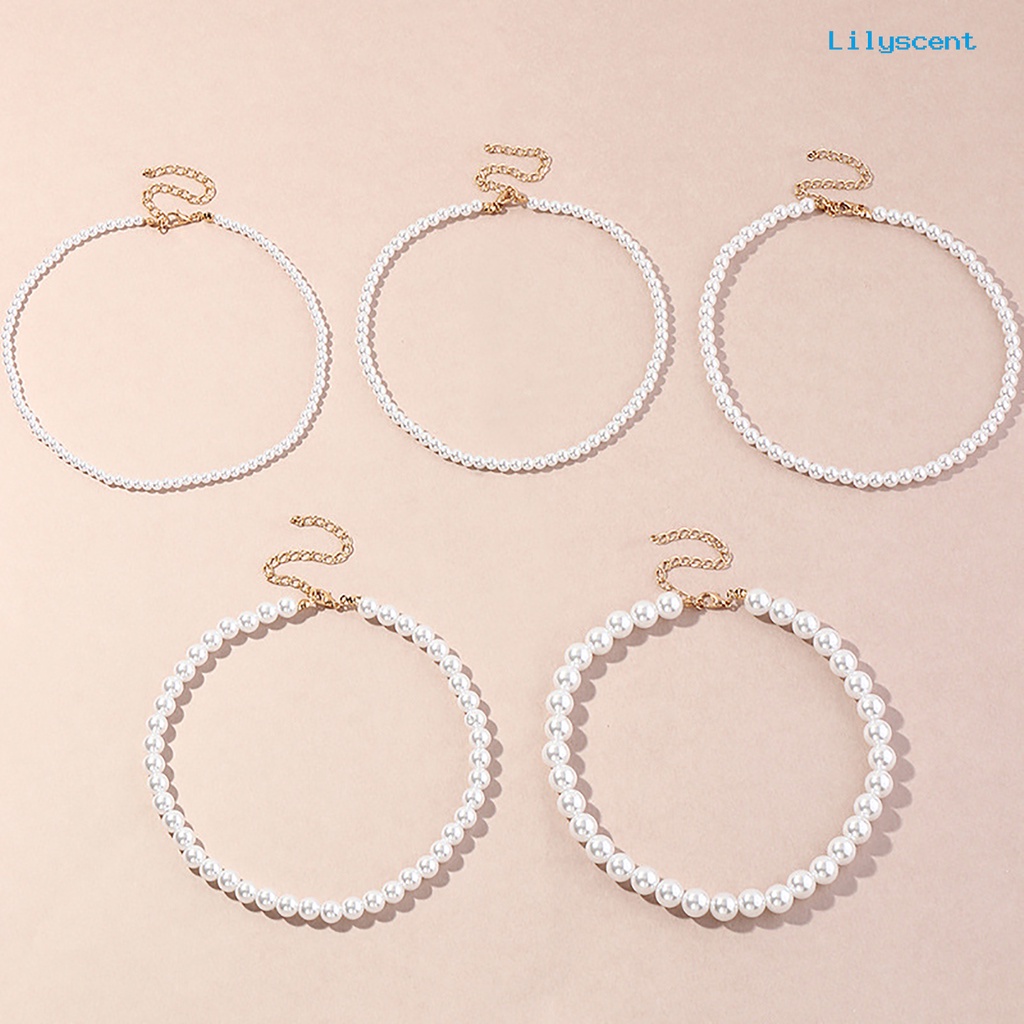 Ls1/5pcs Kalung Elegan Pengerjaan Halus Perhiasan Chocker Mutiara Bulat Imitasi Untuk Penggunaan Sehari-Hari