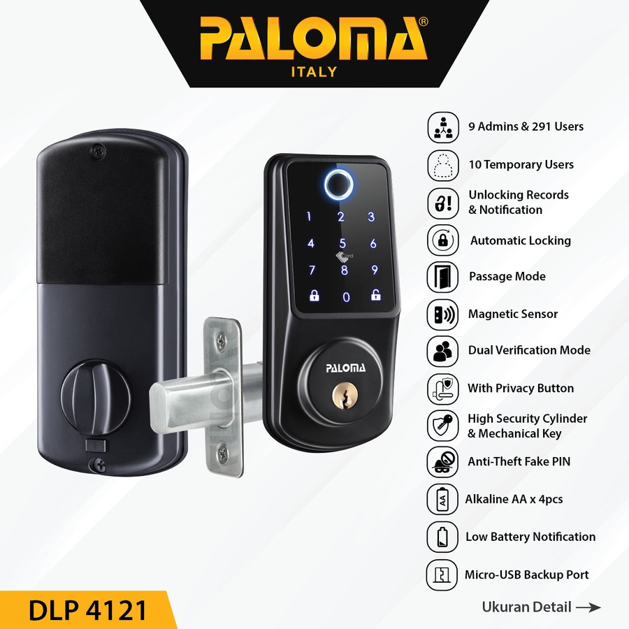 PALOMA DLP 4121 Digital Lock Smart Home Door Kunci Pintu Deadbolt WiFi PASSWORD FINGERPRINT HITAM BLACK