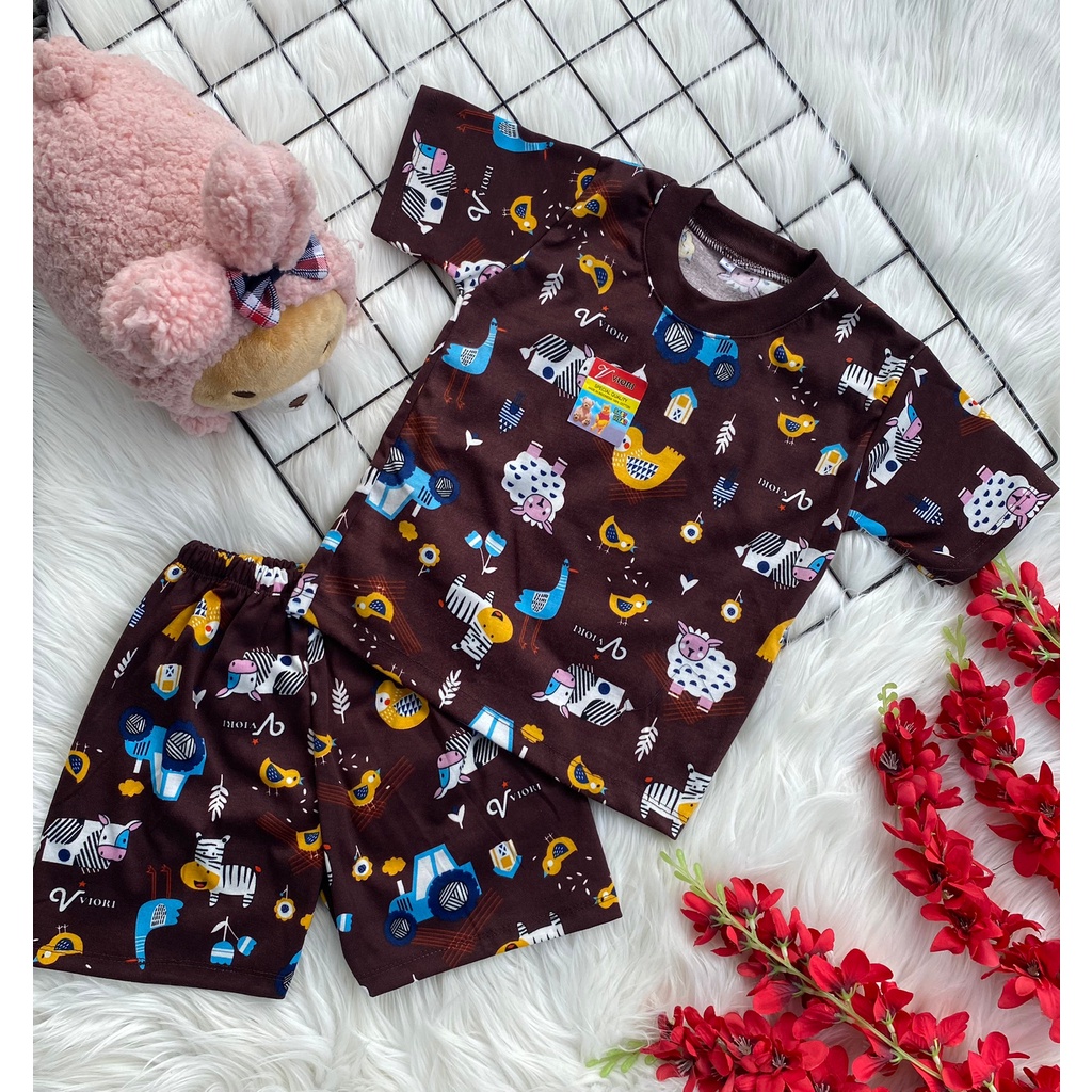 stelan baju bayi laki laki perempuan lucu murah motif JUNGLE ANIMAL PENDEK 1-2 TAHUN