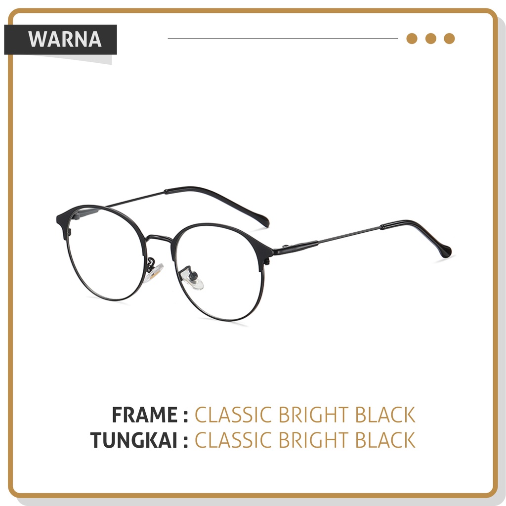 Colore.in Kacamata Anti Radiasi Lensa Minus Photocromic Anti Blueray Wanita Pria Terbaru Kacamata Fashion Metal Bentuk Bulat Anti Silau Frame Kacamata Komputer 9810-Bright Black
