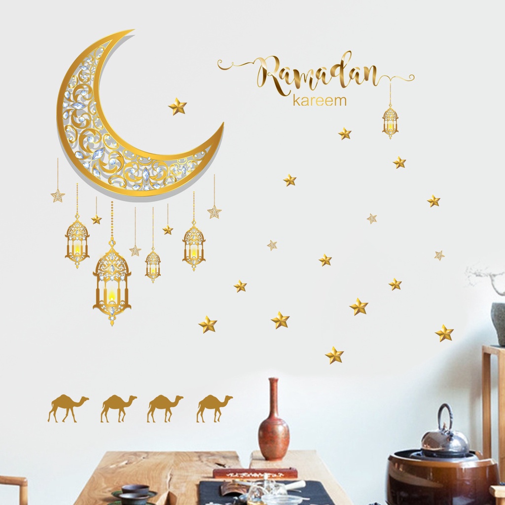 Ramadhan Lebaran Stiker Dinding Festival Pesta Dekorasi Perlengkapan Bulan Bintang Lentera Dinding Decal Self-adhesive Diukir Wallpaper Tahan Debu Dekorasi Seni Indoor