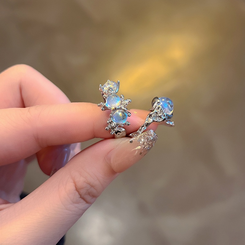 AY(CN) Cincin Perak Moonstone Korea Fashion Adjustable Opening Rings Untuk Aksesoris Perhiasan Wanita