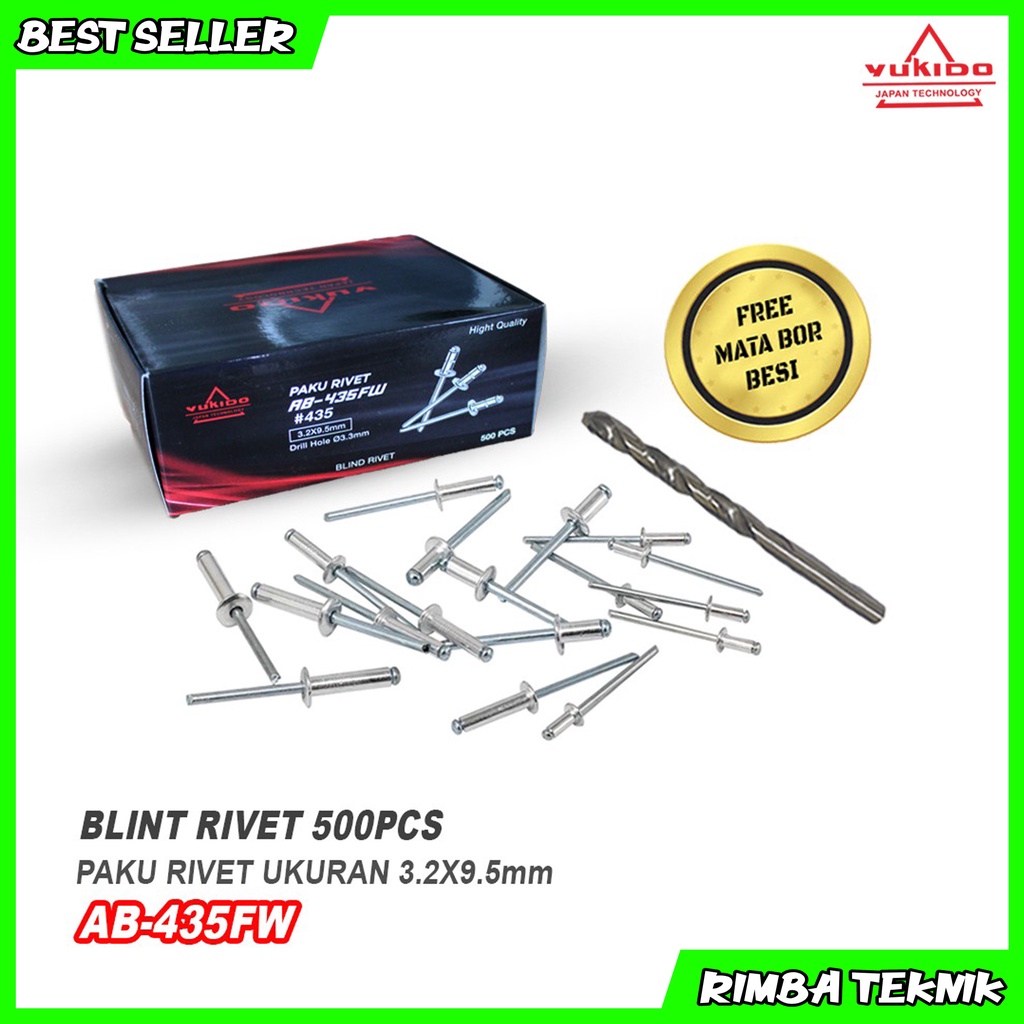 YUKIDO paku rivet tembak isi 500 pcs paku rivet 435 ukuran 3.2 x 9.5mm free mata bor besi