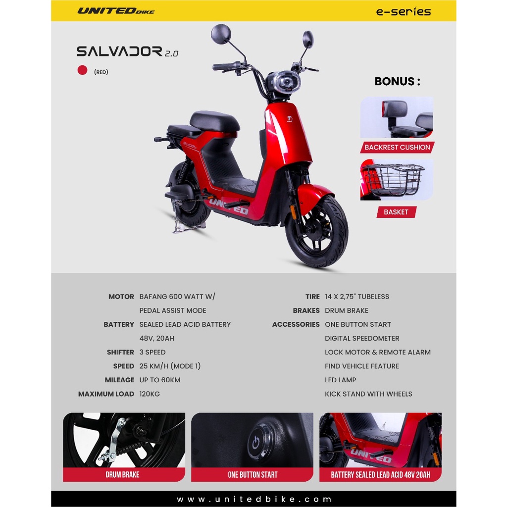 SEPEDA LISTRIK E BIKE E MOPED UNITED SALVADOR 2.0 dan SE GARANSI RESMI + BONUS