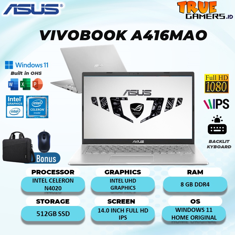 Laptop Asus  Vivobook A416MAO N4020 8GB 512SSD W10+OHS 14.0FHD IPS