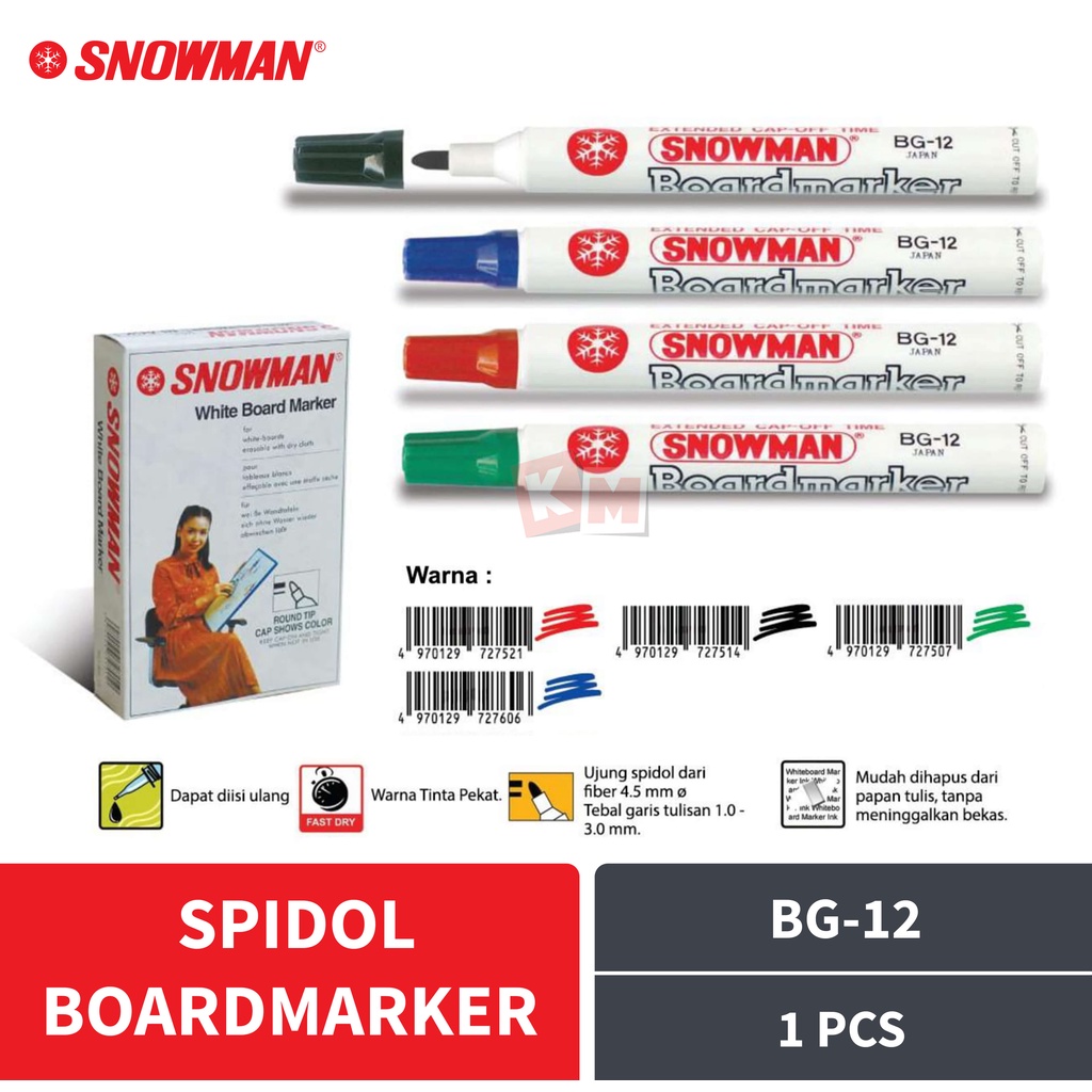 Spidol Whiteboard Marker Snowman BG-12 BG12 White Board Boardmarker Hitam / Biru / Merah / Hijau