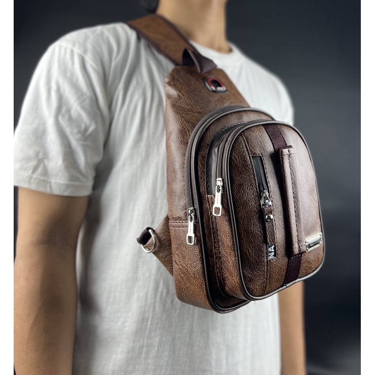 Slingbag Kulit PU Leather Original Polo Amstar Waterproof Tas Pria Tas Selempang Bahu