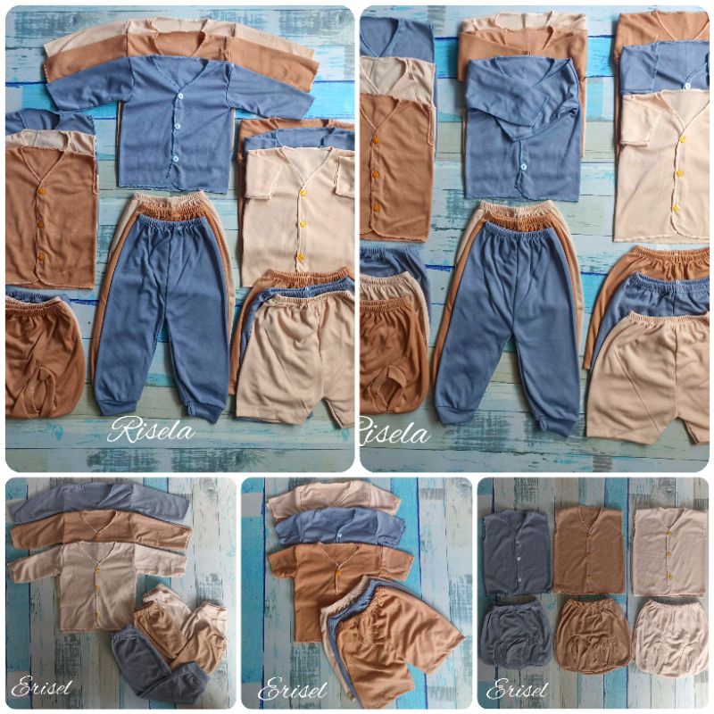 Baju Bayi Set 18 Pcs Newborn Polos Abu Coklat Cappucino Baju Kutung Pendek Panjang Celana panjang Pendek Pop