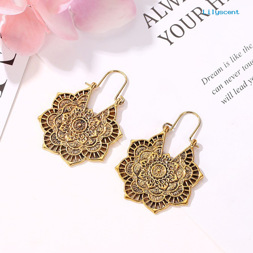 [LS] Vintage Wanita Berongga Keluar Ukir Bunga Menjuntai Leverback Earrings Perhiasan Hadiah