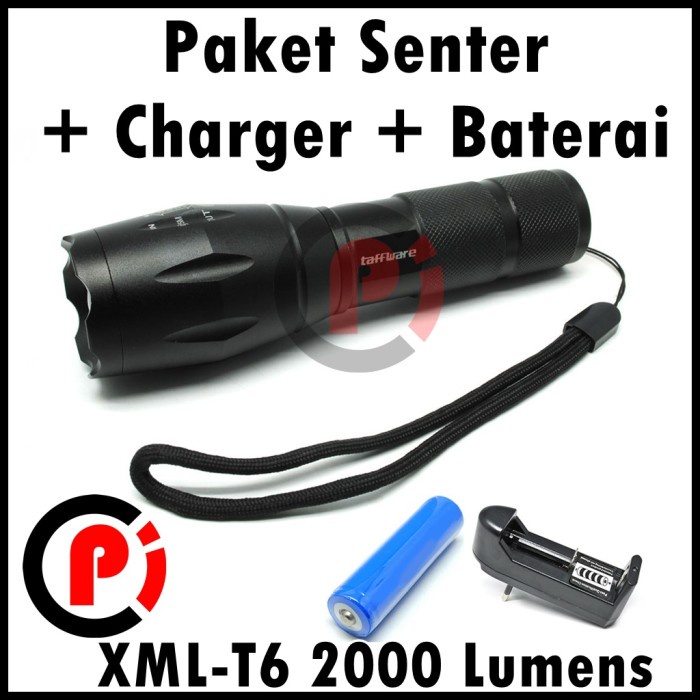 Paket Senter LED Cree XM-L T6 2000 Lumens + Baterai 18650 + Charger