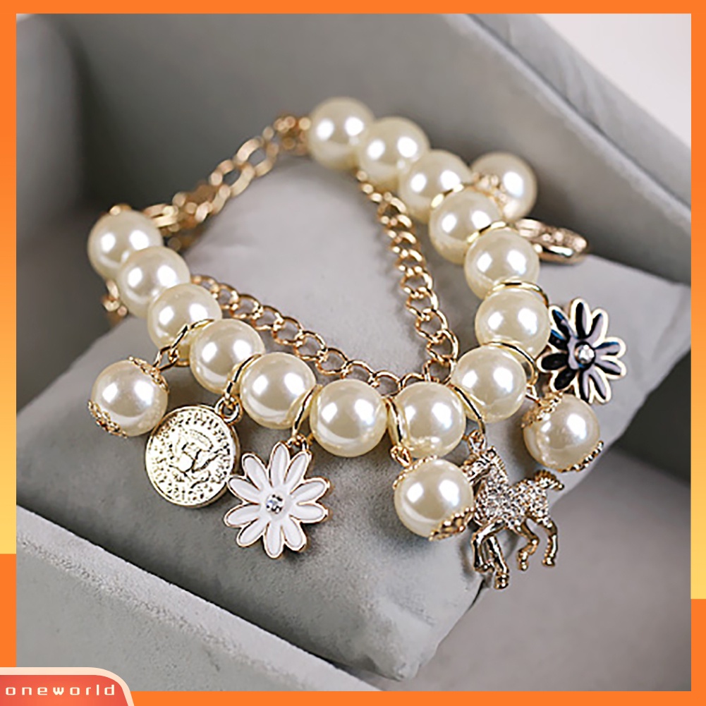 {oneworld} Horse Flower Charm Wanita Gelang Mutiara Imitasi Pesta Bangle Hadiah Fashion Perhiasan