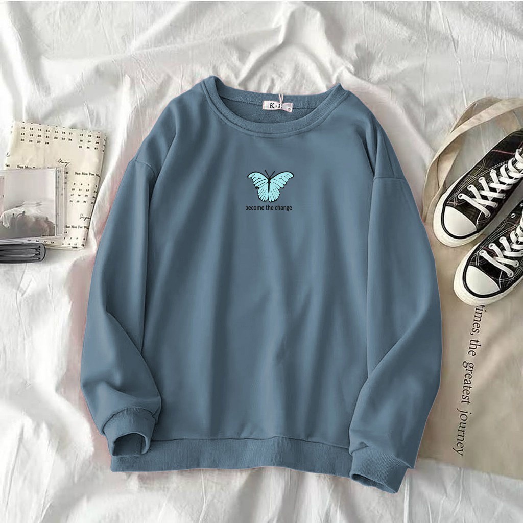 Crewneck Perempuan Motif Kupu Kupu Terbaru Style Korean Bahan Fleece L XL XXL