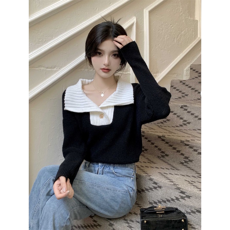 Red Splicing Hitam Musim Gugur dan Musim Dingin Gaya Korea Ringan Dimasak Lembut Ketan Kasual Atasan Sweater Rajut Slim Fit dan Langsing Gaya Barat Sweater Lengan Panjang Trendi