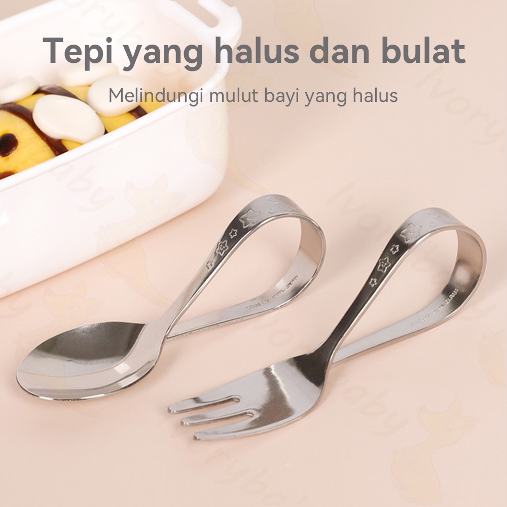 Ivorybaby Sendok makan bayi anak belajar Sendok garpu sudu bahan stainless steel gaya jepang