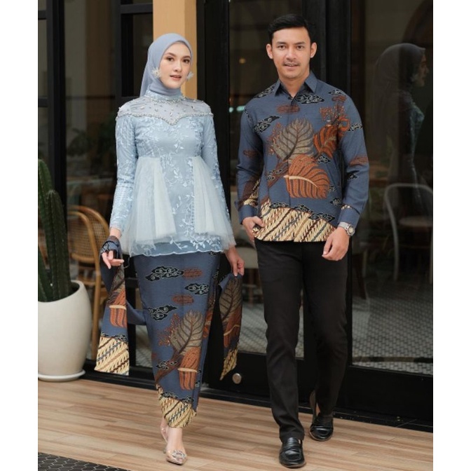 New Arival || Set Alyana Ice Blue || Set Kebaya Batik Couple BATIK EXPRESS - Kebaya Couple Brokat Modern Alyana Ice Blue Kebaya Wisuda dan Kondangan Kebaya Couple Batik Prima Lengan Panjang Set Wanita Modern