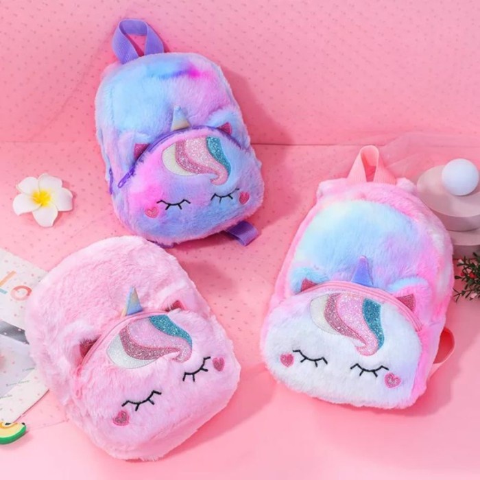 Tas Ransel Unicorn Sekolah Bulu Plush Backpack Anak Lucu Cewek Pergi