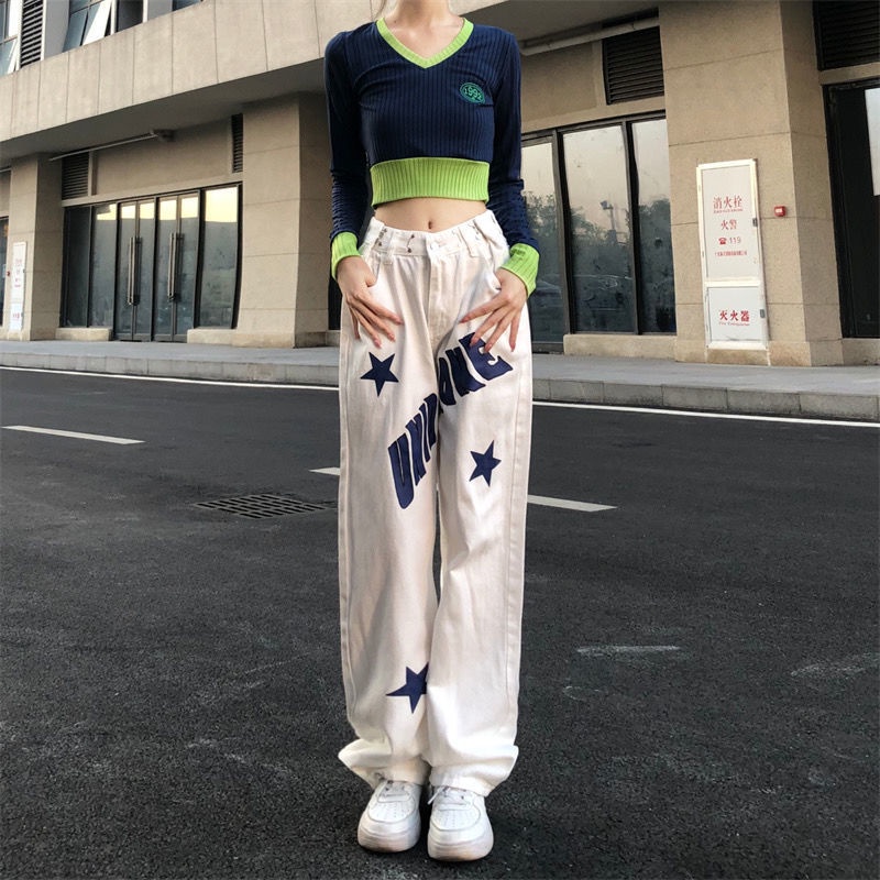 Red Celana jeans wanita gaya Amerika baru trendi all-match pinggang tinggi pelangsing longgar menutupi daging celana kasual kaki lebar lurus