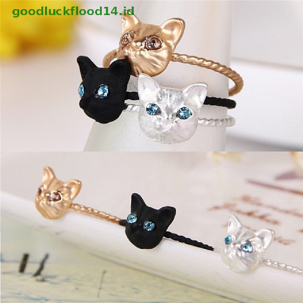 [GOOGFOUR] 1pc Wanita Mini Indah Kucing Berbentuk Cincin Berlian Imitasi Studd Ring Hitam Emas Perak [TOP]