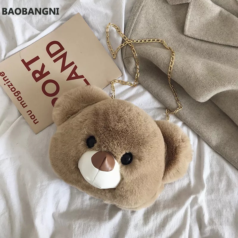 JS - Boneka Beruang Kepala Tas Berbulu Perempuan Mewah Lucu Rantai Satu Bahu Tas Diagonal Beruang Kepala Tas Beruang Kepala Baru