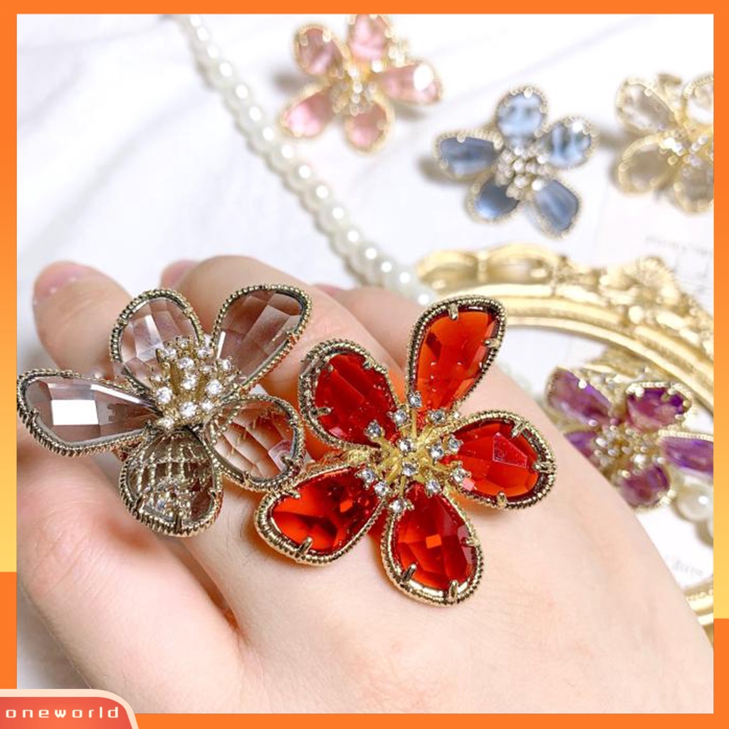[ONWL] Wanita Cincin Bening Berlian Imitasi Pembukaan Dapat Disesuaikan Warna-Warni Kelopak Besar Pesta Trendi Cincin Perhiasan Aksesoris