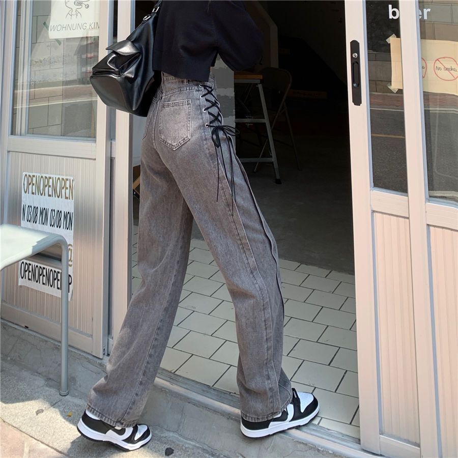 ●☑Jeans wanita gaya baru abu-abu asap desain tali pinggang tinggi mengepel lantai lurus-kaki celana wanita longgar ramping celana lebar-kaki trendi