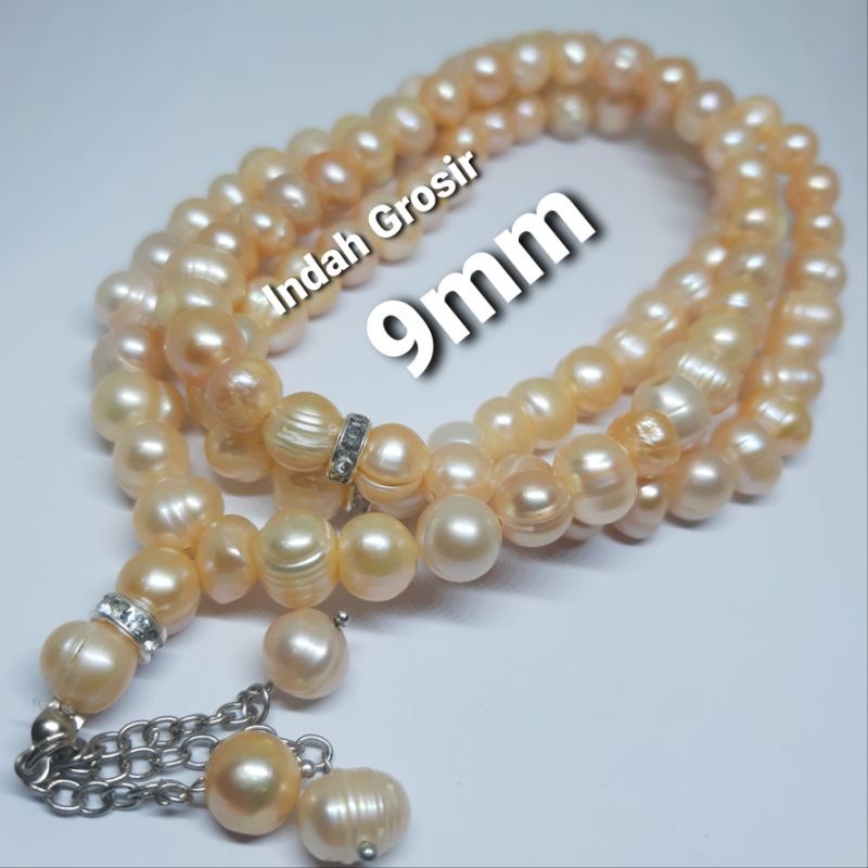 TASBIH MUTIARA ASLI BERKILAU 9MM 99BUTIR WARNA PEACH