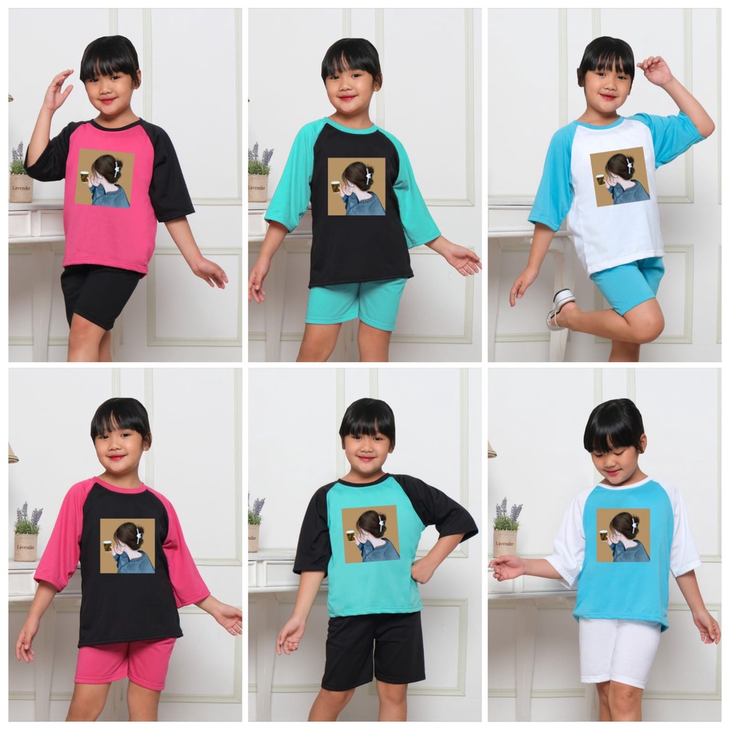 Hzl_outfit Baju Setelan Lengan 3/4 Lip Cream Implora Anak Perempuan (COD)