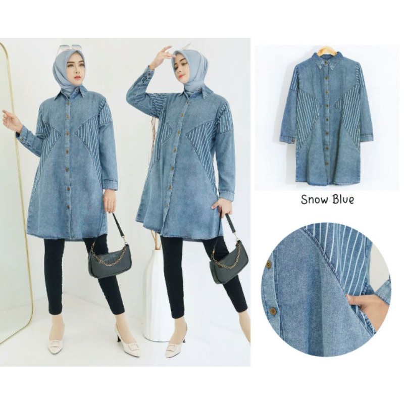 Levia Jeans Tunik, TUNIK JEANS WANITA CANTIK MODIS FIT XXL LD 112 BAHAN JEANS WASH IMPORT TERMURAH KEKINIAN OOTD