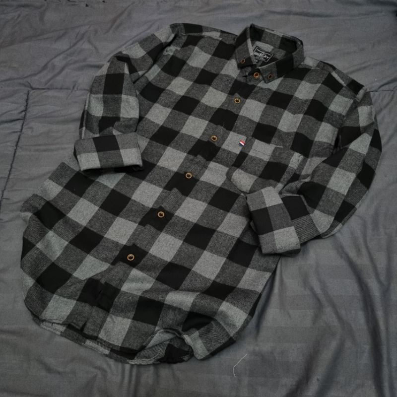 flanel lengan panjang catur abu abu