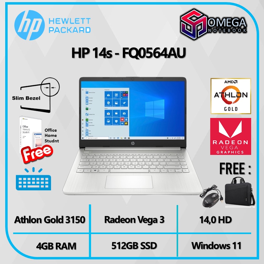 HP 14S FQ0564AU - AMD ATHLON GOLD 3150 4GB 512GB SSD Win11+OHS 14&quot; BACKLIT