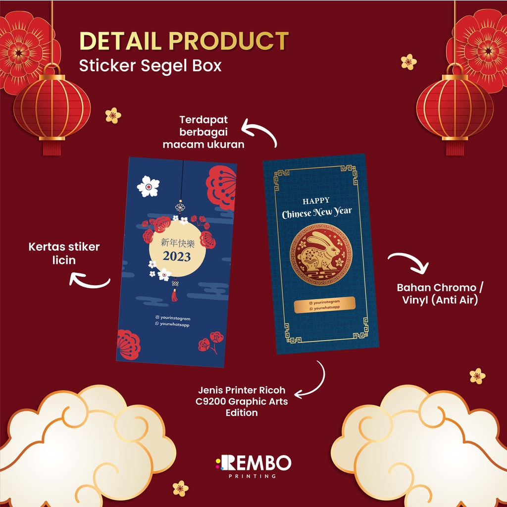 Sticker Segel Box Edisi Imlek CNY 2023 Persegi Panjang Hampers / Stiker Segel Box/Packaging / Toples Makanan / Label Pengiriman / Dus / Kemasan Spesial Imlek Tahun Baru China / Chinese New Year Vinyl Cromo Custom Print Cetak Murah