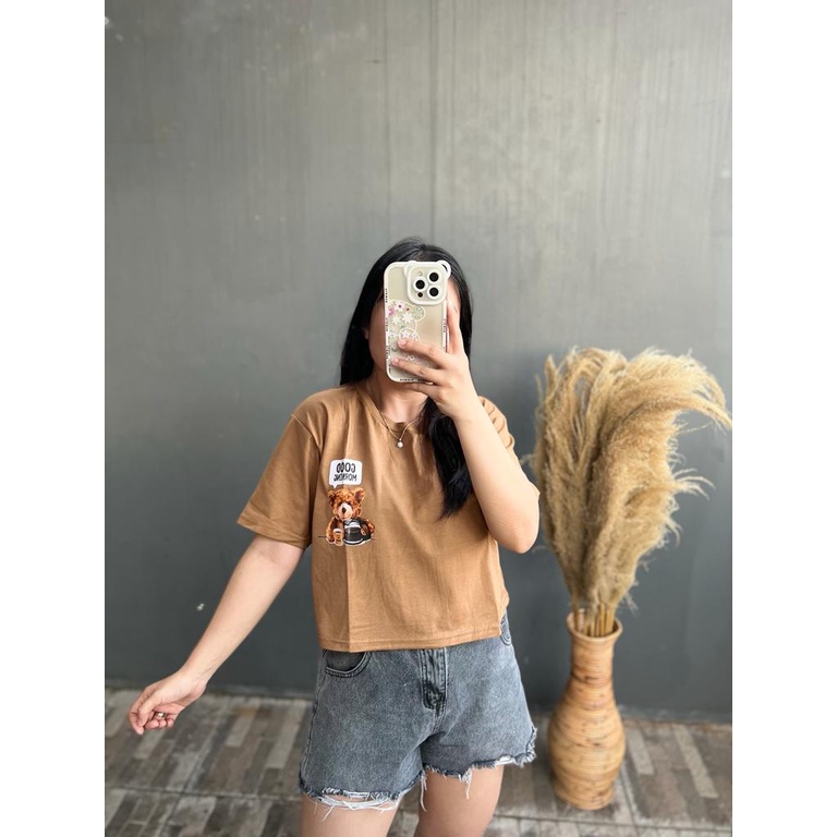 CROP MORNING BEAR | BAJU TUMBLR TEE SHIRT OVERSIZE DUSTY ROSE BLUE HITAM BEIGE | TUMBLR TEE | KOREA STYLE