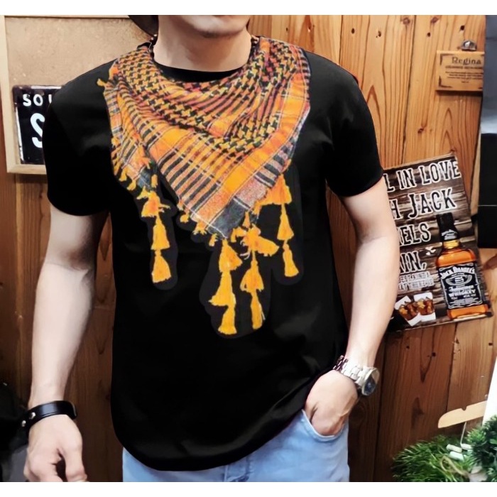kaos distro pria motif campur sorban - ks sorban oren, L (N4G8) Scarf Surban Remaja Jet Black Syari 