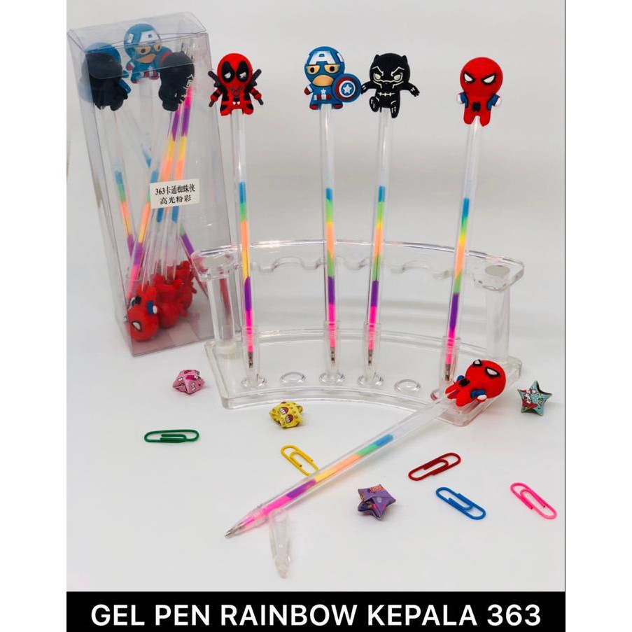 

Pulpen GEL RAINBOW/PELANGI DENGAN KEPALA KARTUN SUPER HERO. MURAH