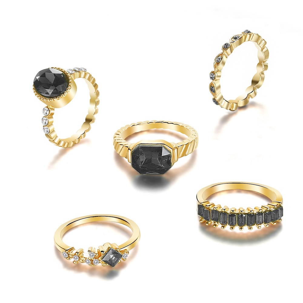 [Ready Stock] 5pcs Vintage Bertabur Berlian Emerald Oval 5-piece Set Cincin Perlindungan Lingkungan Warna Hitam