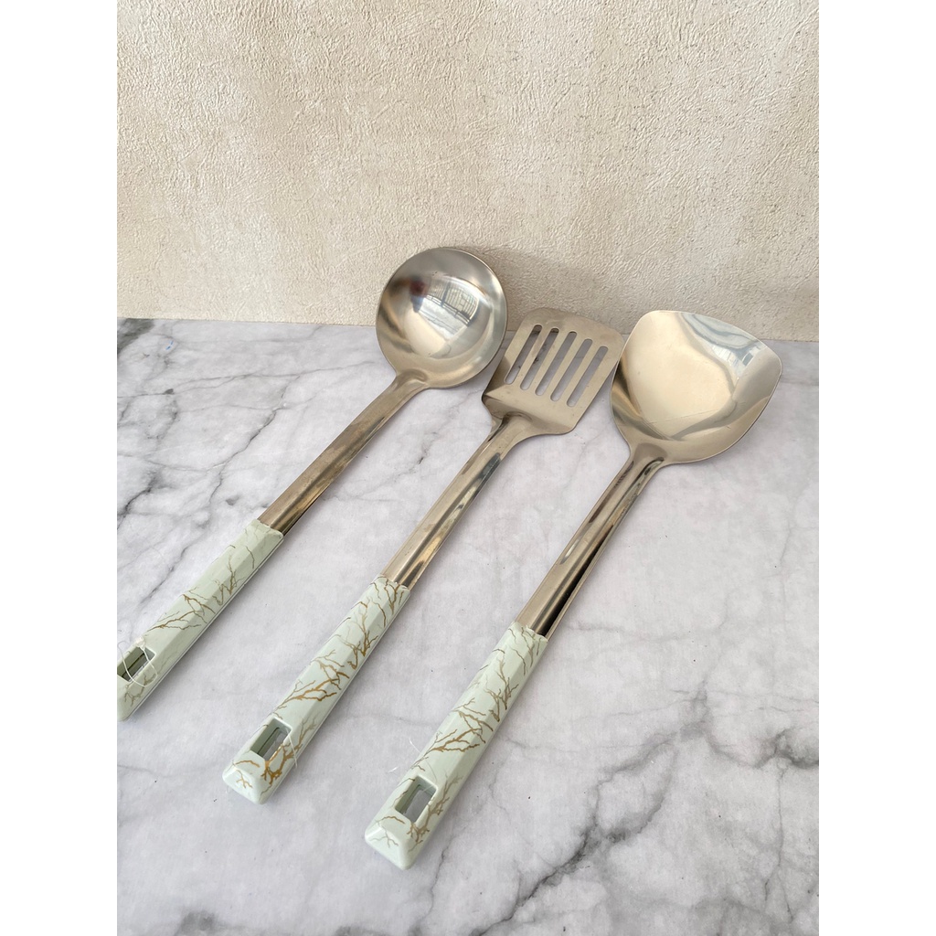 SPATULA SUTIL STAINLESS STEEL SODET MASAK GAGANG MARBLE PUTIH