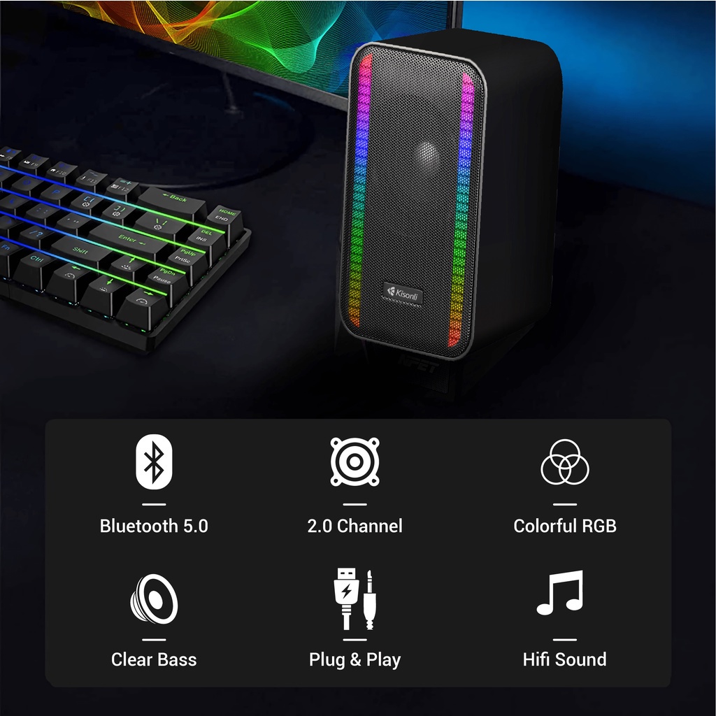 Speaker Bluetooth X22 Kisonli Super Bass Portable Speaker Laptop / PC / Gaming RGB Rhythm Light Garansi 1 Tahun - XOBOX