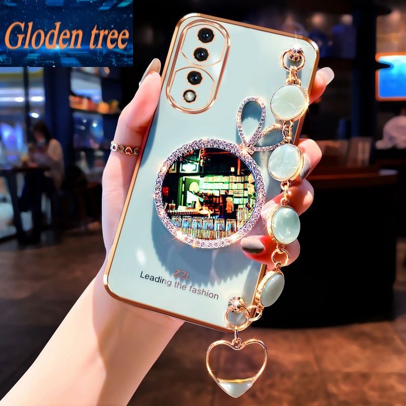 Casing Ponsel Pohon Gloden Untuk Huawei Honor X30 X30i X40i X40 X8 5G 20 20Pro 30S 30 30Pro Shell Rabbit Vanity Mirror Dengan Gelang Permata