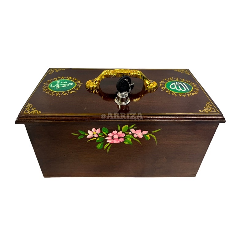 KOTAK AMAL / KOTAK INFAQ / CELENGAN / KOTAK DONASI / TEMPAT PENYIMPANAN UANG MOTIF LAFADZ ALLAH MUHAMMAD KAYU JATI Motif Ukir Warna