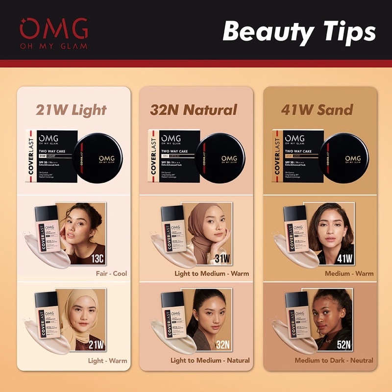 【Official Outlet】 OMG - Oh My Glam Glow Coverlast Two Way Cake 12 gram SPF 20 PA++ Bedak Padat Kontrol Minyak 8 Jam Long Lasting Flawless Matte Medium Coverage Viral Murah BPOM