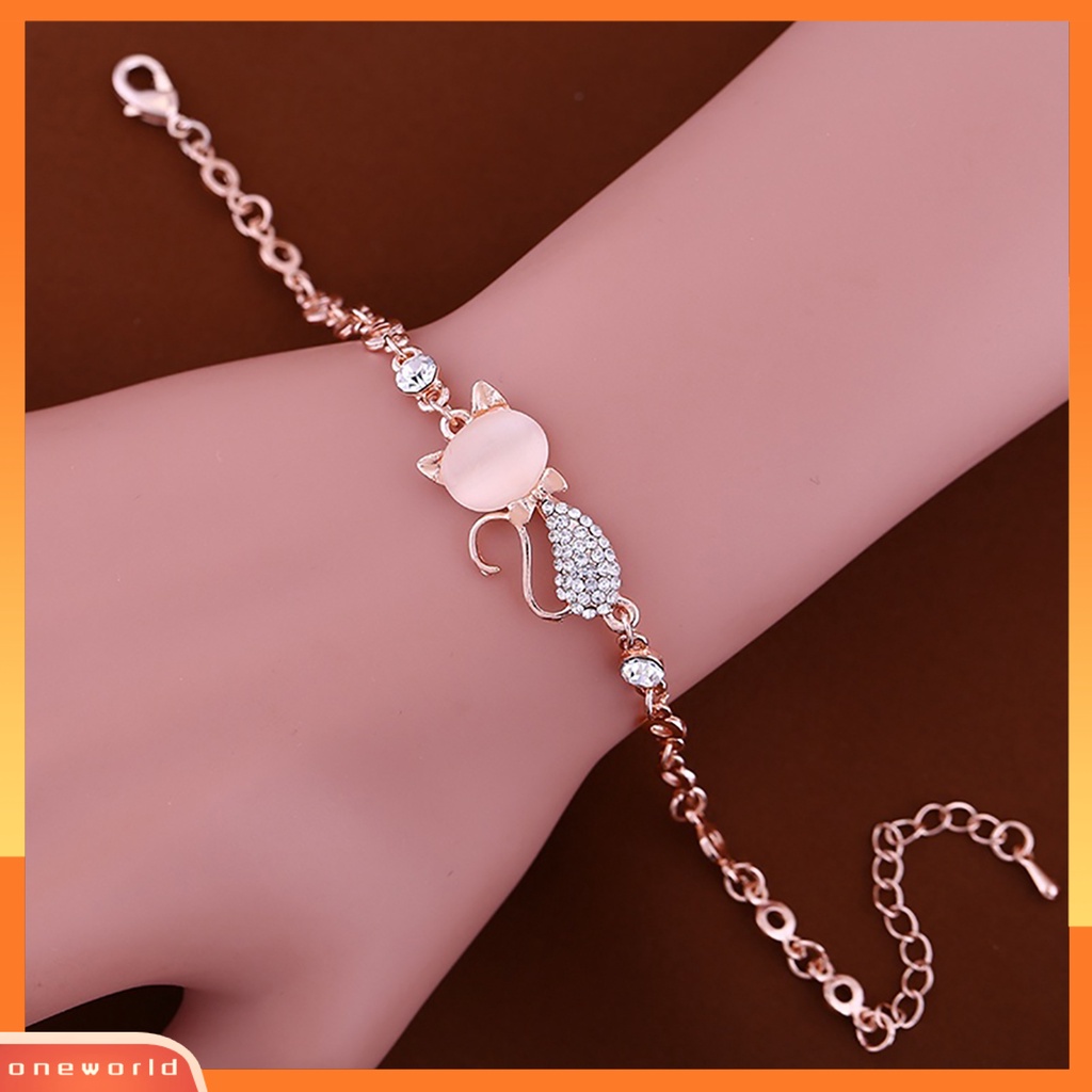 {oneworld} Perhiasan Rantai Gelang Bangle Berlian Imitasi Wanita Ladies Lovely Cat Pendant Opal Untuk Kehidupan Sehari-Hari