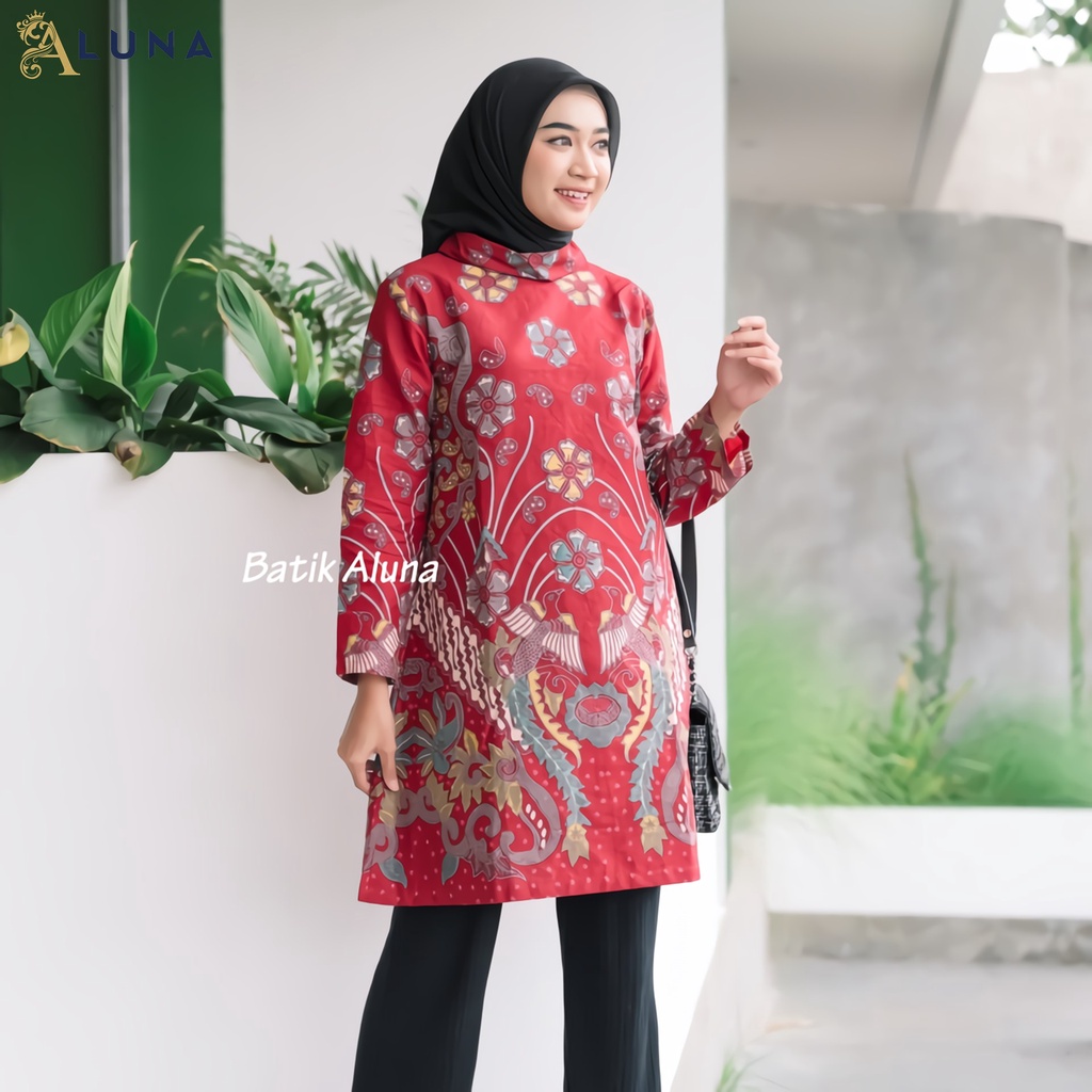 Batik Wanita Tunik Lengan Panjang Katun Lapis Trikot Premium Modern Original Kancing Resleting Belakang Batik Kerja Kantor Kondangan Size M L XL XXL 068