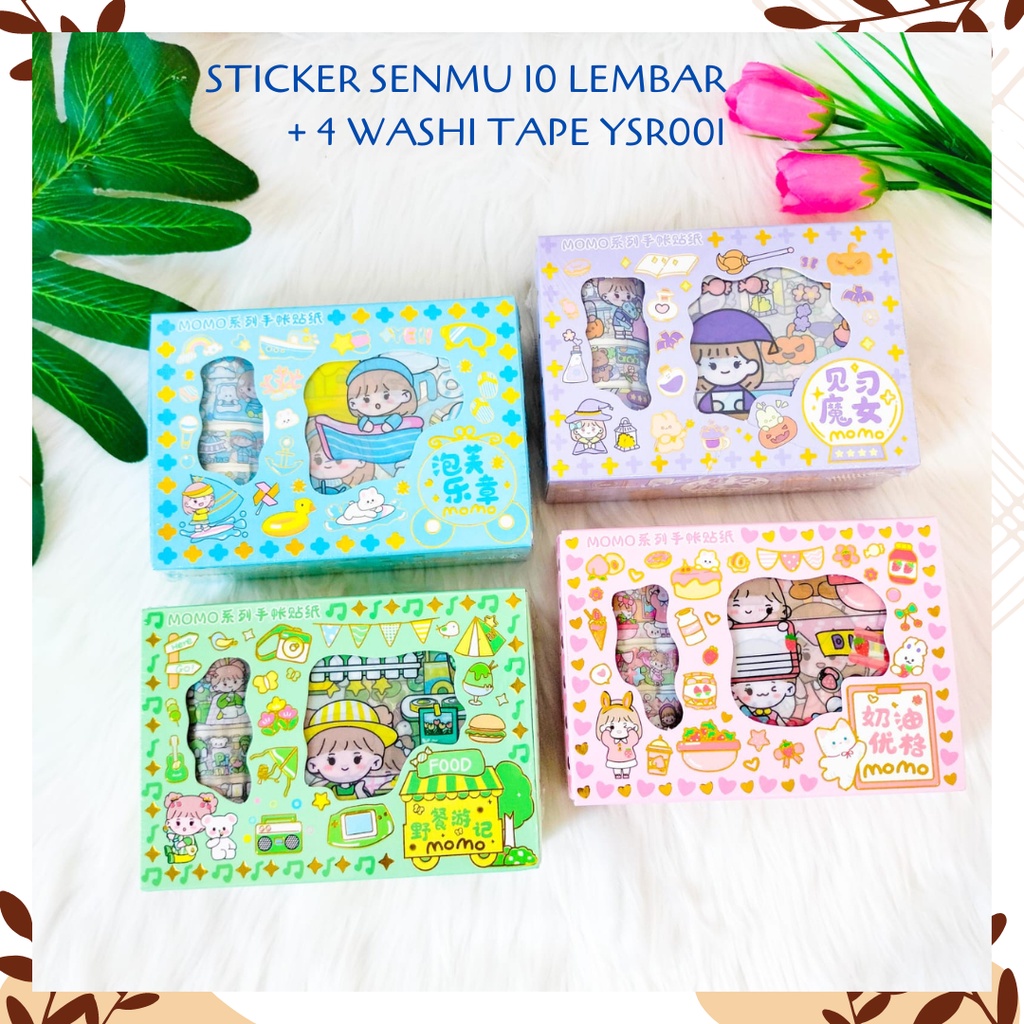 

STICKER SENMU MASU MOMO 10 LEMBAR + 4 WASHI TAPE YSR001 MOMO STIKER TEMPEL LUCU CUTE PATTERN DECORATIVE TAPE GIRL