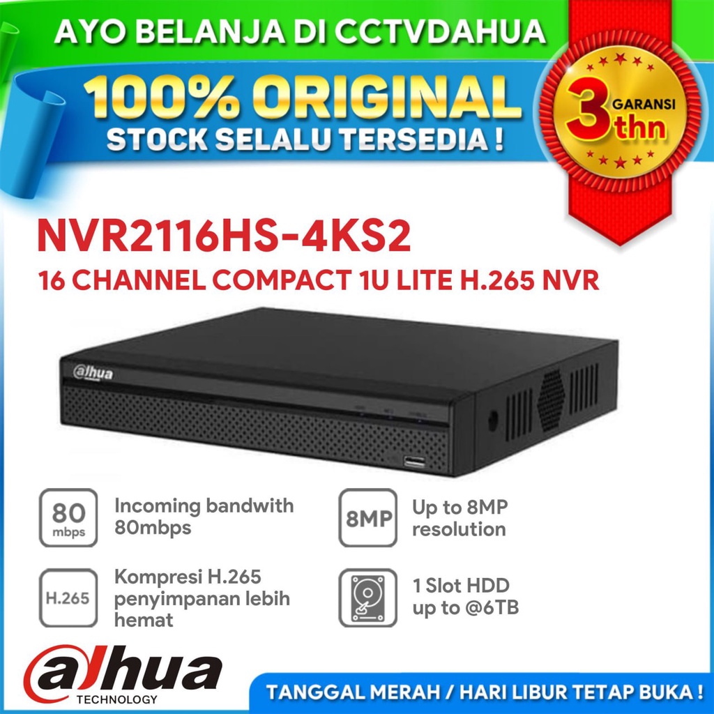 DAHUA NVR2116HS-4KS2 NVR 16 CH COMPACT 1U LITE H.265 BERGARANSI RESMI