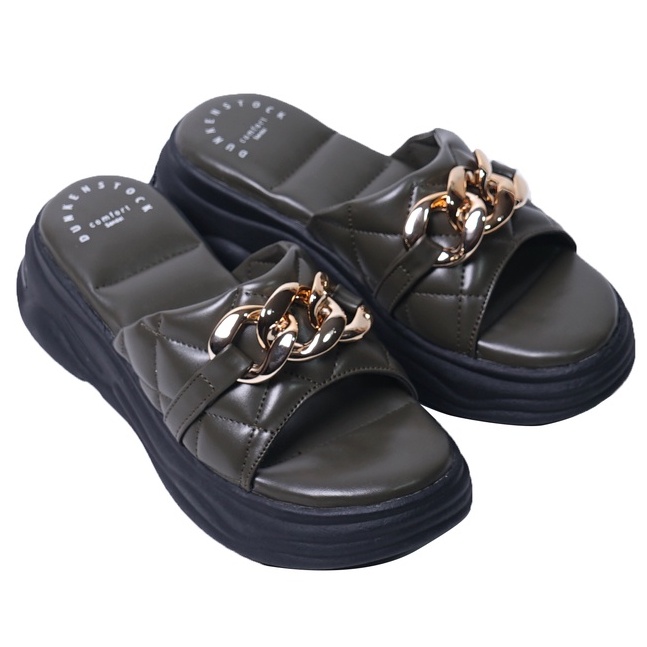 SARASARA YUK - Dunkenstock CHERIYA Sandal Wanita Wedges Chain Tinggi 5cm Size 36 - 40 Casual Sendal Platform Bellezza 37 38 39 Santai Slop Belleza Warna Army Green Selop Premium Original Beleza Kekinian Terbaru Shoes ORI Mall Official Store