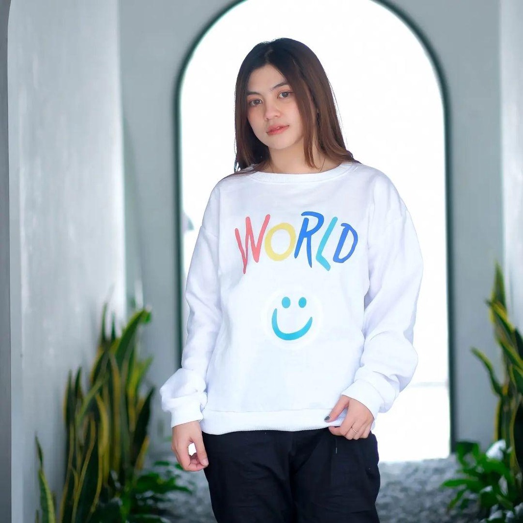 Sweater Crewneck Basic WORLD SMILE bisa untuk pria/wanita