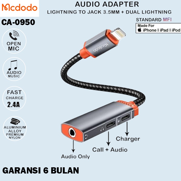 Mcdodo CA-0950 Converter Adapter iPhone 3in1 HF Jack Aux 3.5mm Charger - BLACK